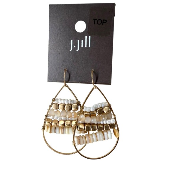 J. Jill Gold Tone Beaded Teardrop Earrings Dangle Drop White Cream Neutral Boho - Picture 2 of 9